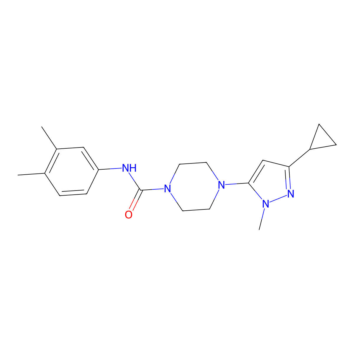 4-(3-cyclopropyl-1-methyl-1H-pyrazol-5-yl)-N-(3,4-dimethylphenyl)piperazine-1-carboxamide molecular structure, CAS 2034479-70-2