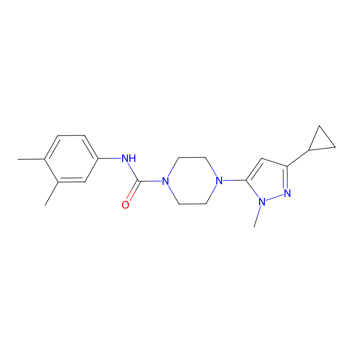 4-(3-cyclopropyl-1-methyl-1H-pyrazol-5-yl)-N-(3,4-dimethylphenyl)piperazine-1-carboxamide molecular structure, CAS 2034479-70-2