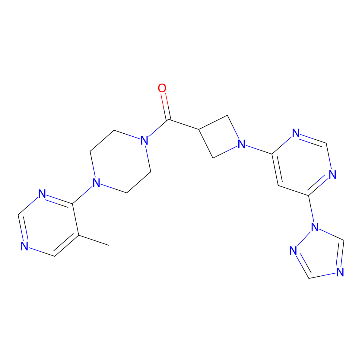 (1-(6-(1H-1,2,4-triazol-1-yl)pyrimidin-4-yl)azetidin-3-yl)(4-(5-methylpyrimidin-4-yl)piperazin-1-yl)methanone molecular structure, CAS 2034479-73-5