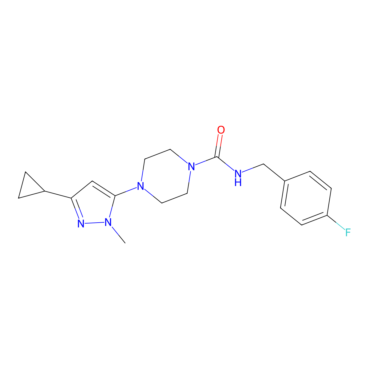 4-(3-cyclopropyl-1-methyl-1H-pyrazol-5-yl)-N-(4-fluorobenzyl)piperazine-1-carboxamide molecular structure, CAS 2034479-79-1