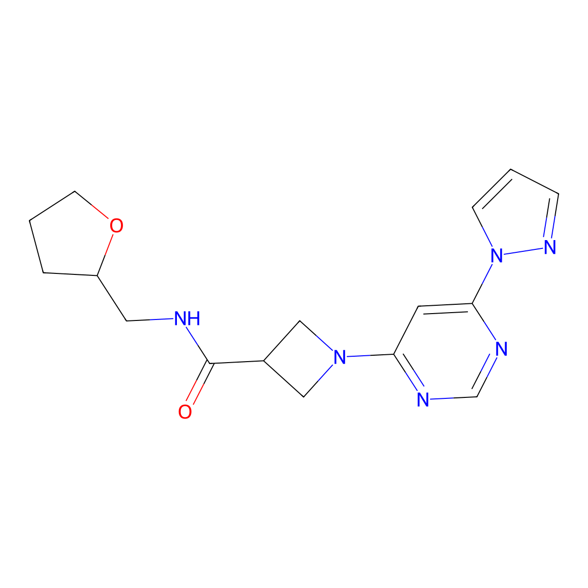 1-(6-(1H-pyrazol-1-yl)pyrimidin-4-yl)-N-((tetrahydrofuran-2-yl)methyl)azetidine-3-carboxamide molecular structure, CAS 2034479-80-4