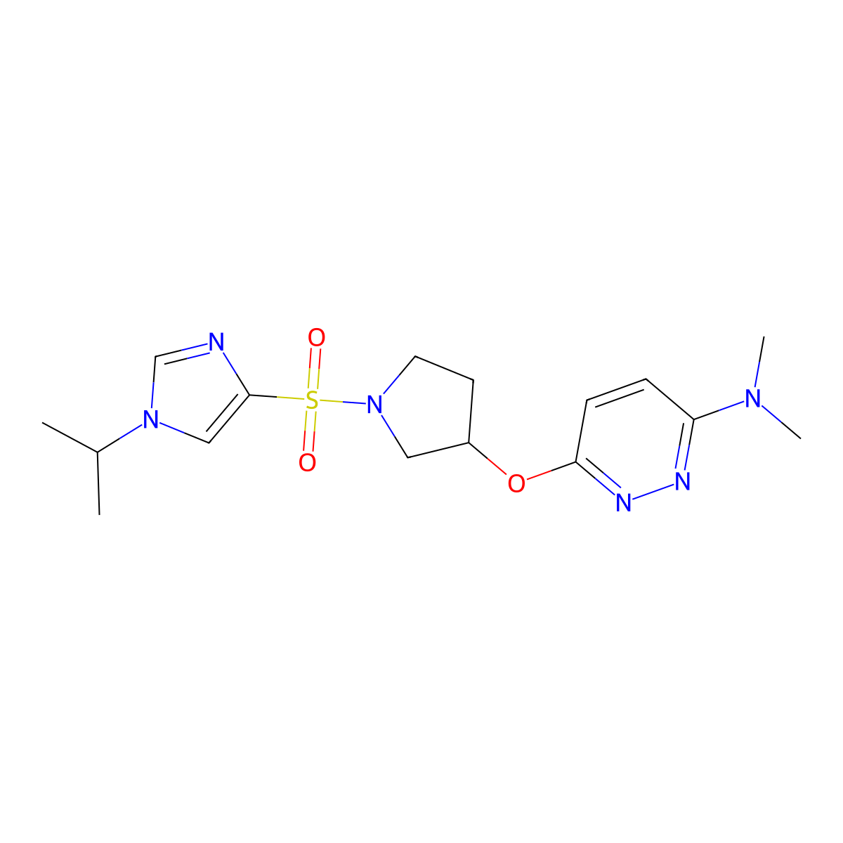 6-((1-((1-isopropyl-1H-imidazol-4-yl)sulfonyl)pyrrolidin-3-yl)oxy)-N,N-dimethylpyridazin-3-amine molecular structure, CAS 2034479-85-9