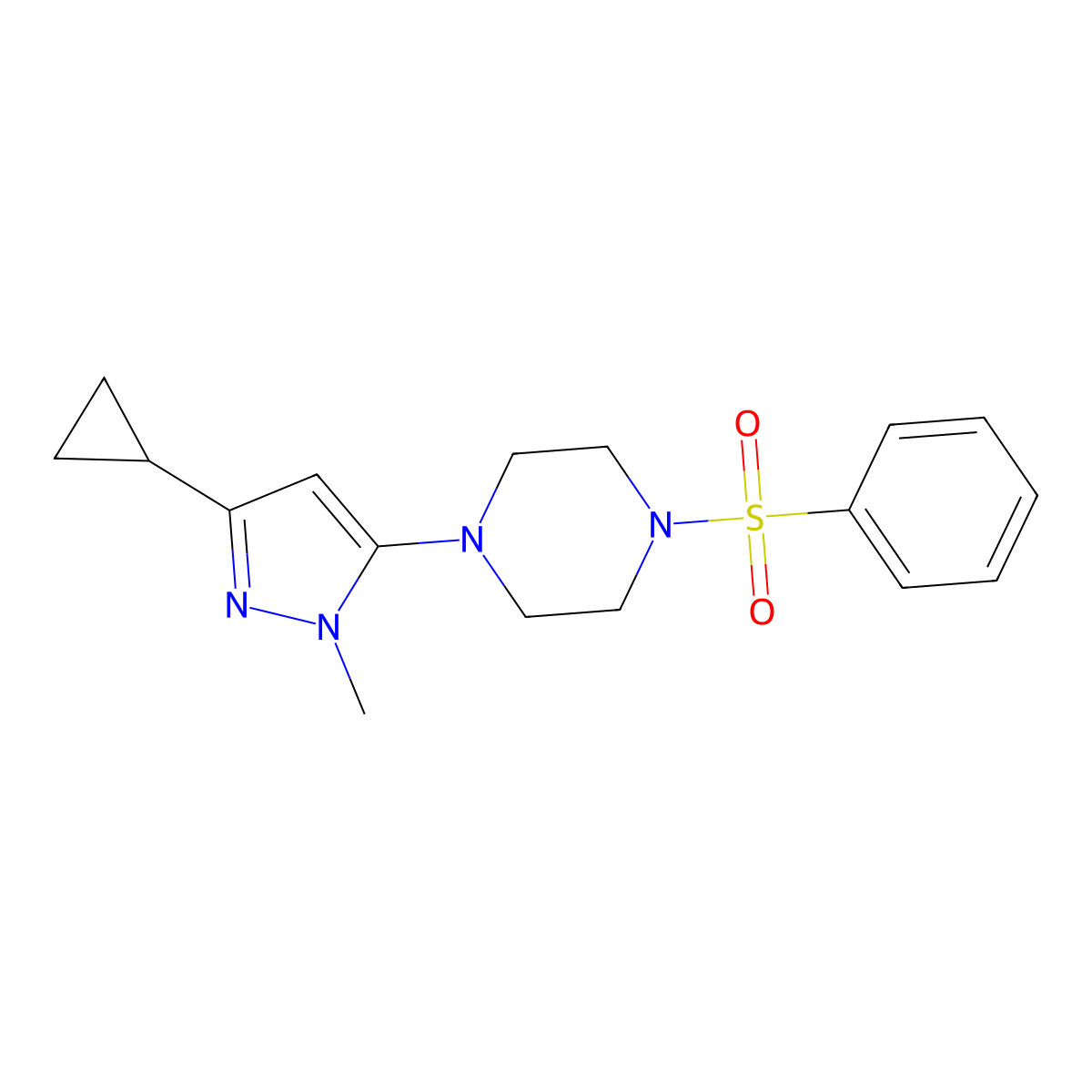1-(3-cyclopropyl-1-methyl-1H-pyrazol-5-yl)-4-(phenylsulfonyl)piperazine molecular structure, CAS 2034479-87-1