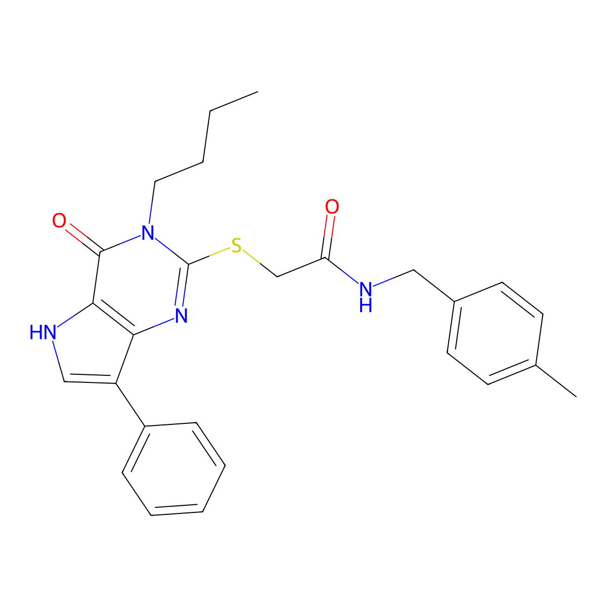 2-((3-butyl-4-oxo-7-phenyl-4,5-dihydro-3H-pyrrolo[3,2-d]pyrimidin-2-yl)thio)-N-(4-methylbenzyl)acetamide molecular structure, CAS 2034479-93-9