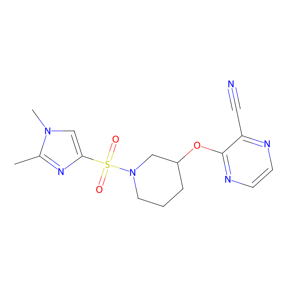 3-((1-((1,2-dimethyl-1H-imidazol-4-yl)sulfonyl)piperidin-3-yl)oxy)pyrazine-2-carbonitrile molecular structure, CAS 2034479-99-5