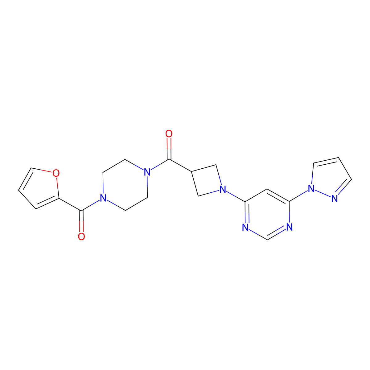 (1-(6-(1H-pyrazol-1-yl)pyrimidin-4-yl)azetidin-3-yl)(4-(furan-2-carbonyl)piperazin-1-yl)methanone molecular structure, CAS 2034480-06-1