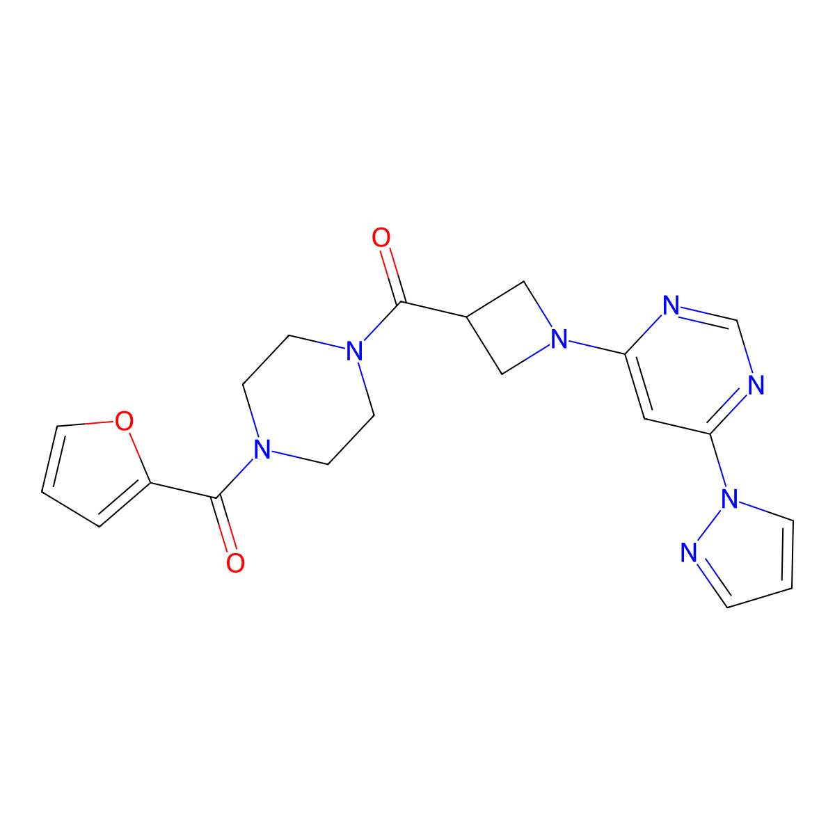 (1-(6-(1H-pyrazol-1-yl)pyrimidin-4-yl)azetidin-3-yl)(4-(furan-2-carbonyl)piperazin-1-yl)methanone molecular structure, CAS 2034480-06-1