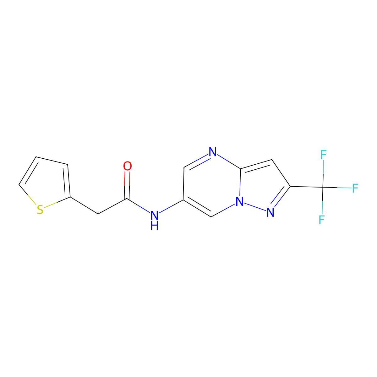 2-(thiophen-2-yl)-N-(2-(trifluoromethyl)pyrazolo[1,5-a]pyrimidin-6-yl)acetamide molecular structure, CAS 2034480-08-3