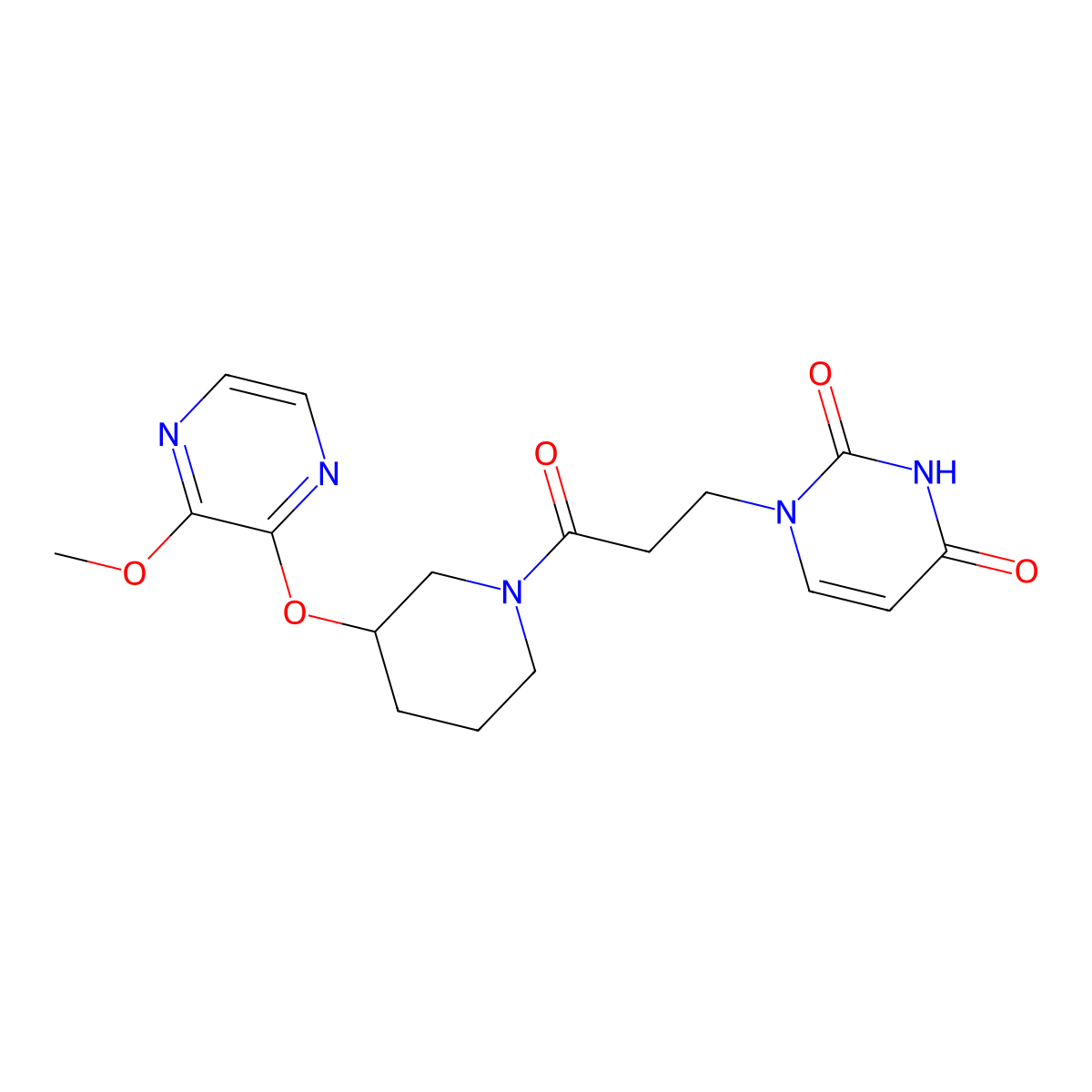 1-(3-(3-((3-methoxypyrazin-2-yl)oxy)piperidin-1-yl)-3-oxopropyl)pyrimidine-2,4(1H,3H)-dione molecular structure, CAS 2034480-16-3