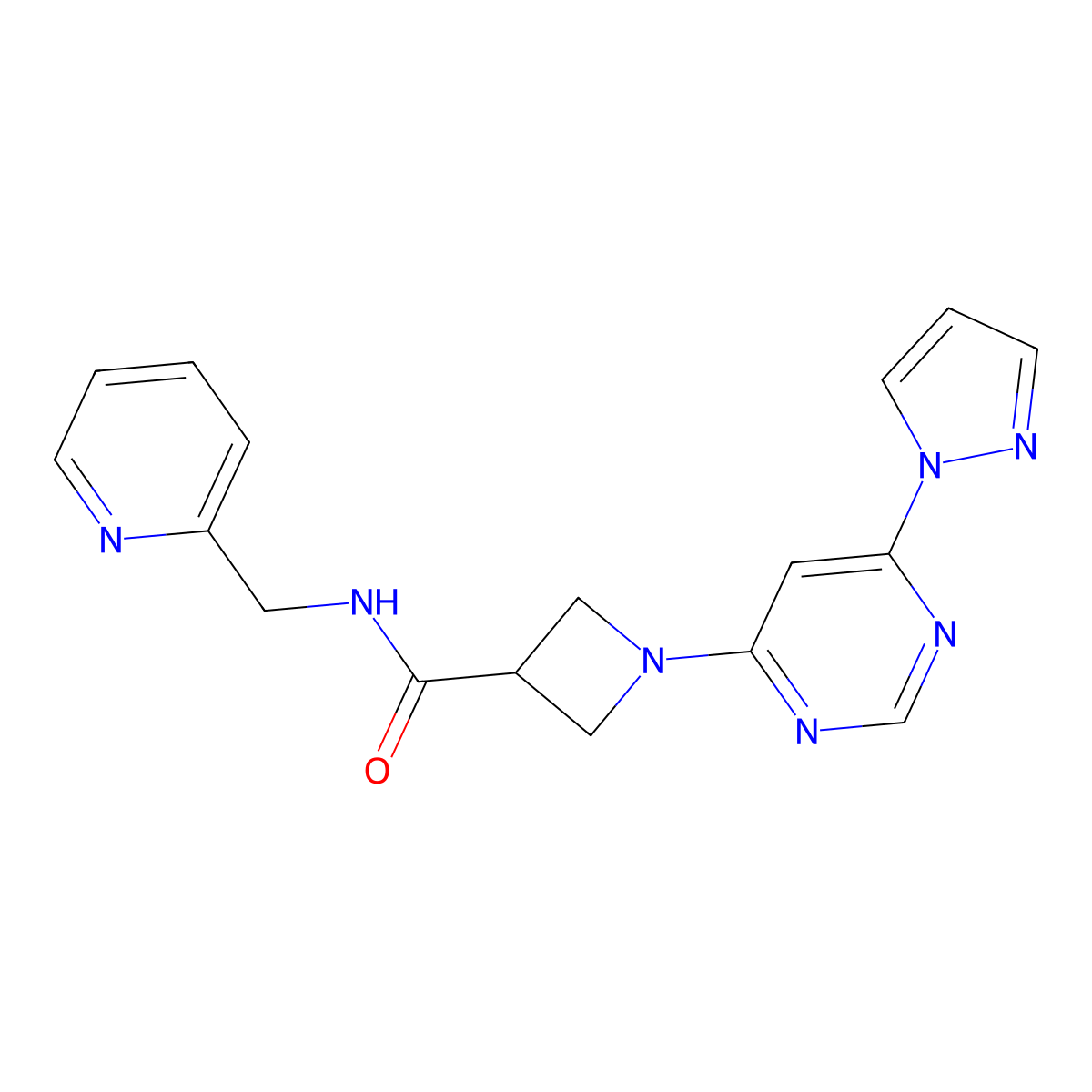 1-(6-(1H-pyrazol-1-yl)pyrimidin-4-yl)-N-(pyridin-2-ylmethyl)azetidine-3-carboxamide molecular structure, CAS 2034480-18-5