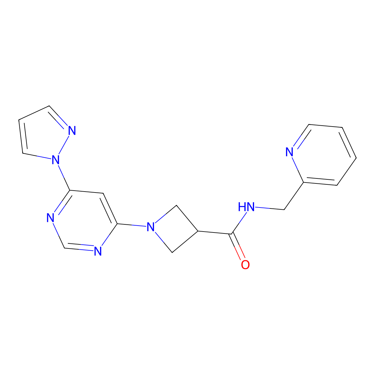 1-(6-(1H-pyrazol-1-yl)pyrimidin-4-yl)-N-(pyridin-2-ylmethyl)azetidine-3-carboxamide molecular structure, CAS 2034480-18-5