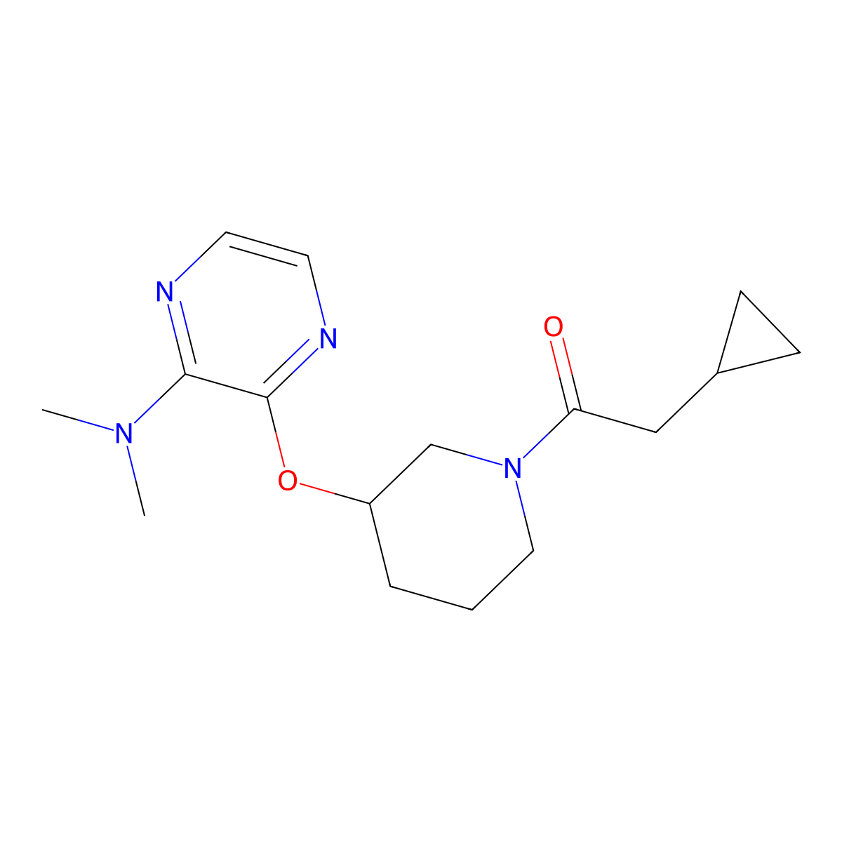 2-Cyclopropyl-1-(3-((3-(dimethylamino)pyrazin-2-yl)oxy)piperidin-1-yl)ethanone molecular structure, CAS 2034480-19-6