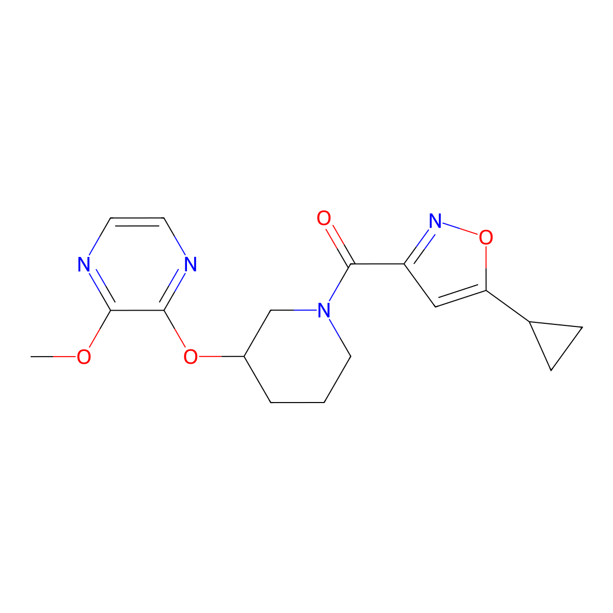 (5-Cyclopropylisoxazol-3-yl)(3-((3-methoxypyrazin-2-yl)oxy)piperidin-1-yl)methanone molecular structure, CAS 2034480-37-8