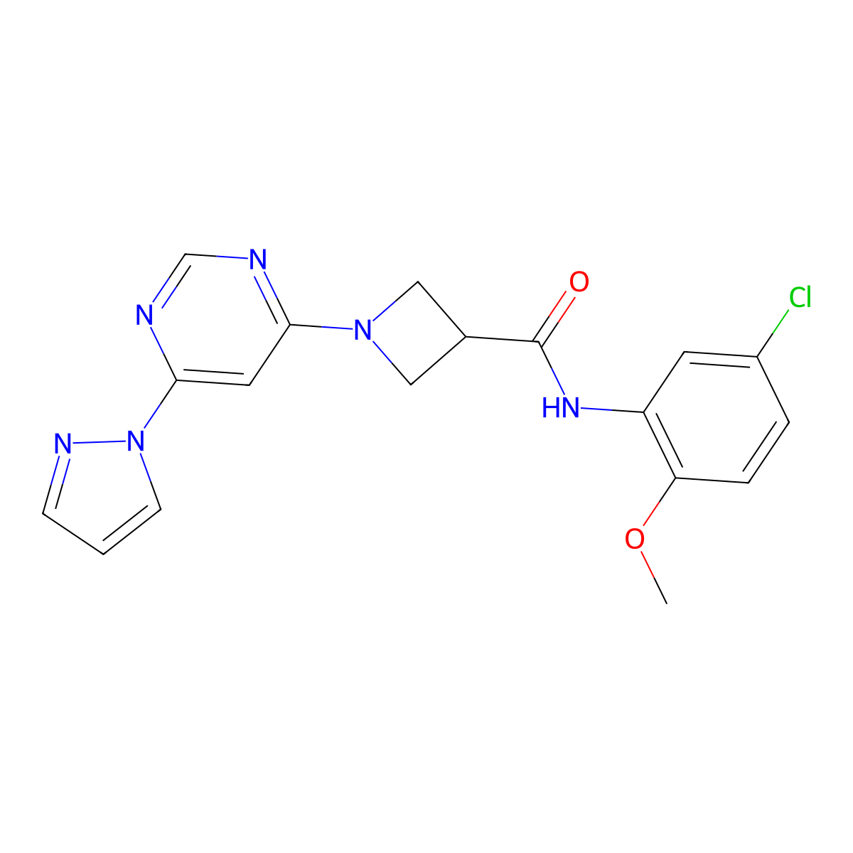 1-(6-(1H-pyrazol-1-yl)pyrimidin-4-yl)-N-(5-chloro-2-methoxyphenyl)azetidine-3-carboxamide molecular structure, CAS 2034480-38-9