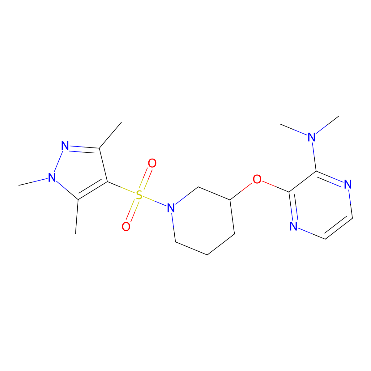 N,N-dimethyl-3-((1-((1,3,5-trimethyl-1H-pyrazol-4-yl)sulfonyl)piperidin-3-yl)oxy)pyrazin-2-amine molecular structure, CAS 2034480-41-4