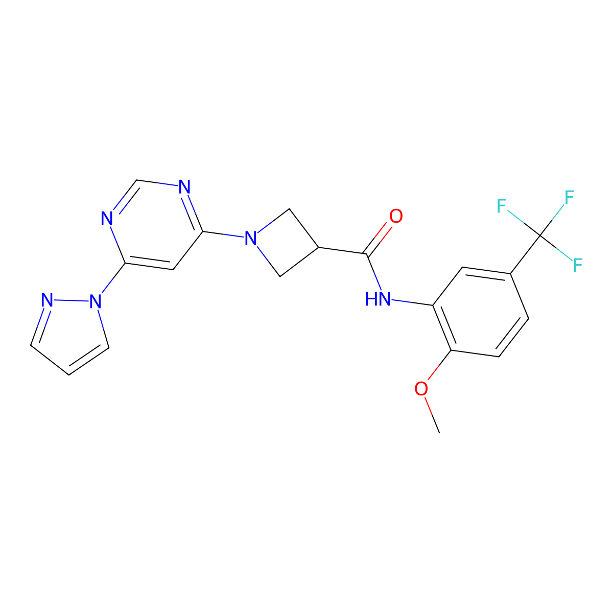 1-(6-(1H-pyrazol-1-yl)pyrimidin-4-yl)-N-(2-methoxy-5-(trifluoromethyl)phenyl)azetidine-3-carboxamide molecular structure, CAS 2034480-46-9