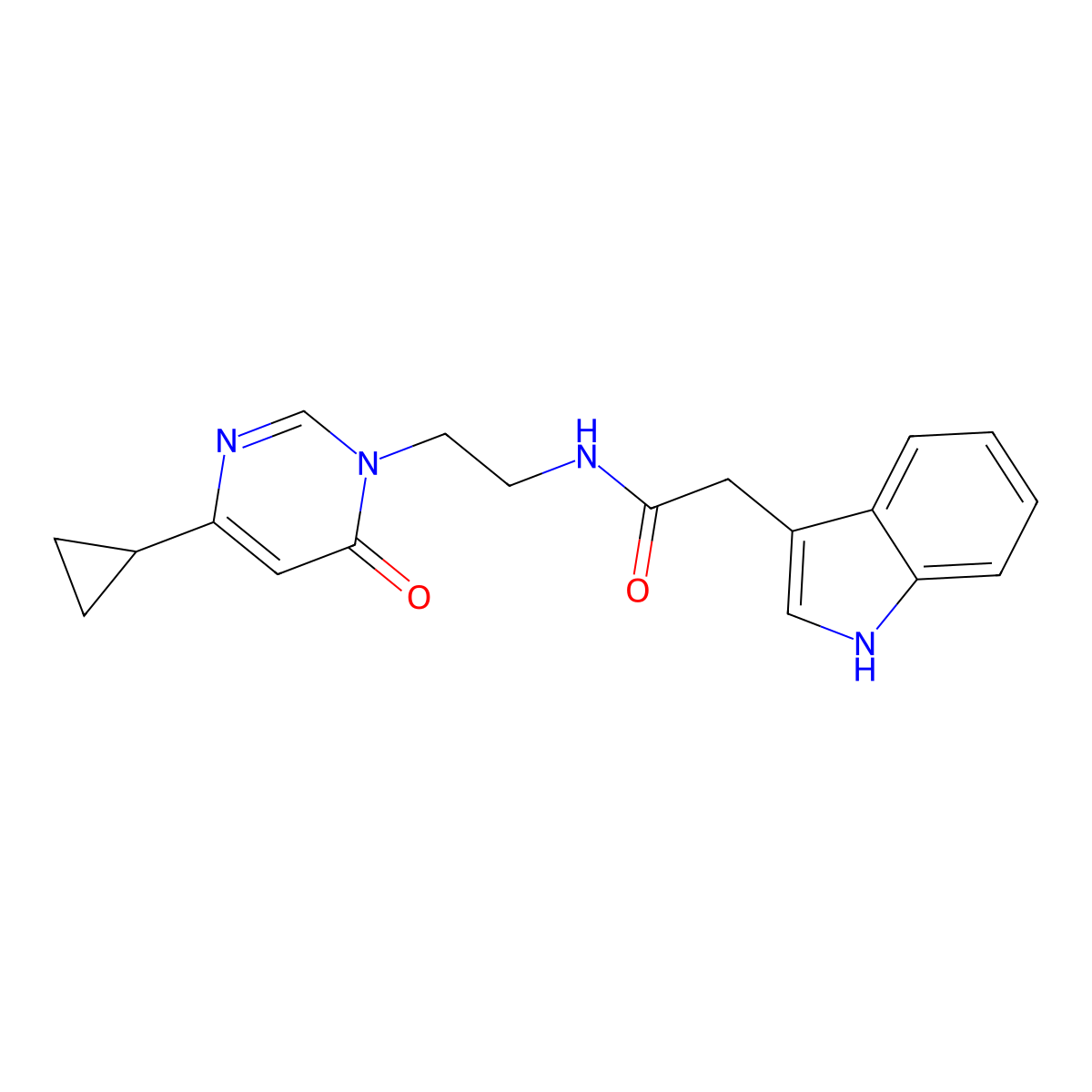 N-(2-(4-cyclopropyl-6-oxopyrimidin-1(6H)-yl)ethyl)-2-(1H-indol-3-yl)acetamide molecular structure, CAS 2034480-55-0