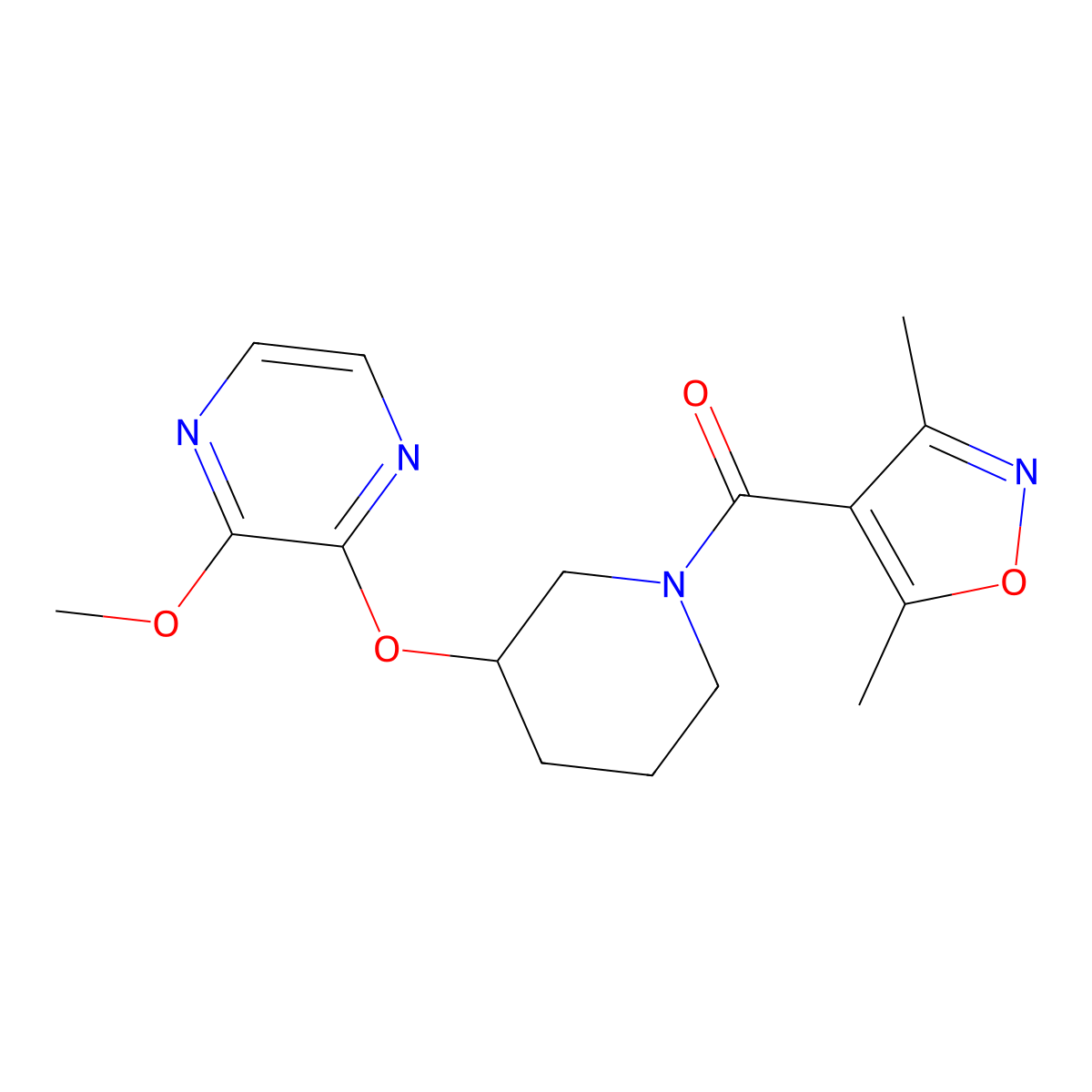 (3,5-Dimethylisoxazol-4-yl)(3-((3-methoxypyrazin-2-yl)oxy)piperidin-1-yl)methanone molecular structure, CAS 2034480-56-1