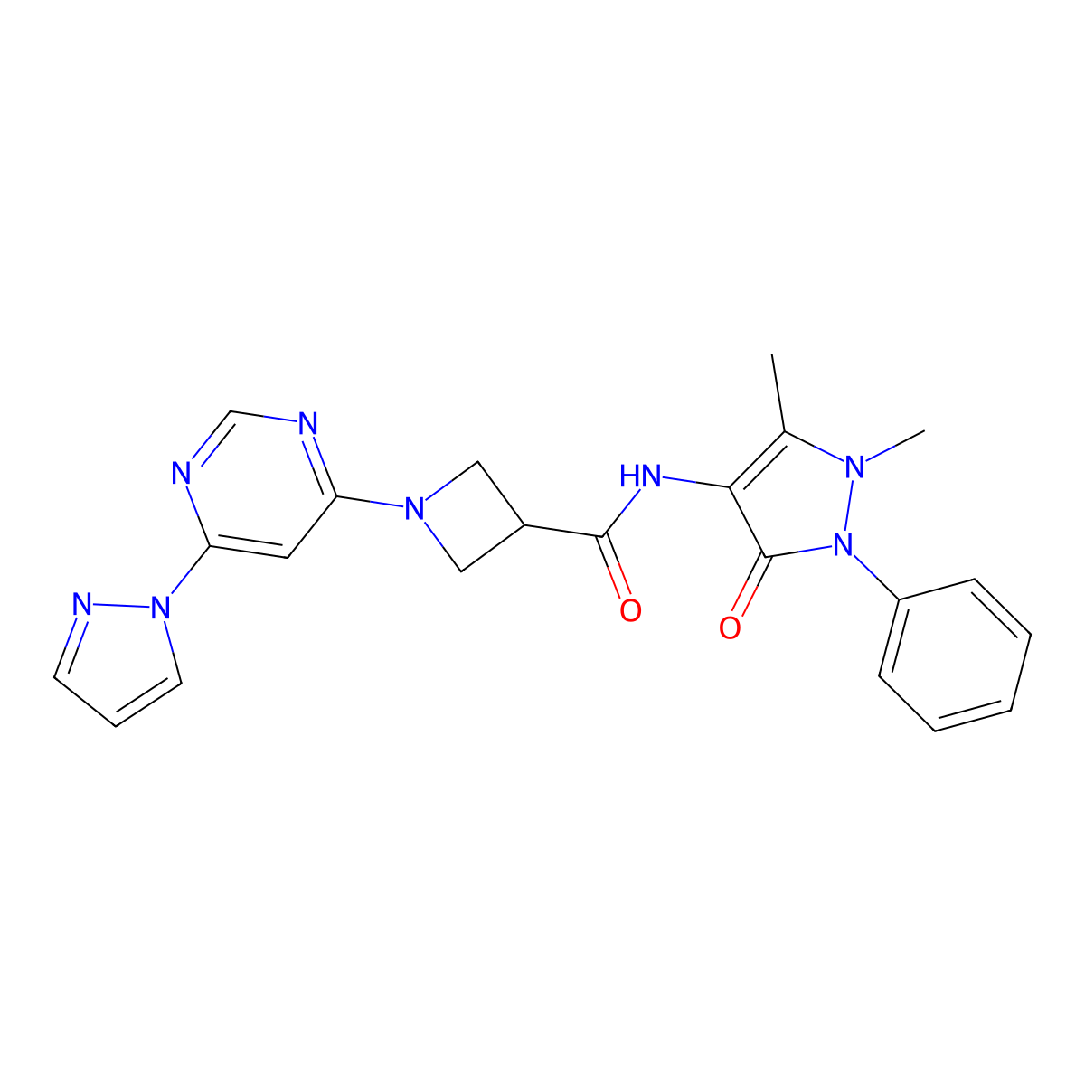 1-(6-(1H-pyrazol-1-yl)pyrimidin-4-yl)-N-(1,5-dimethyl-3-oxo-2-phenyl-2,3-dihydro-1H-pyrazol-4-yl)azetidine-3-carboxamide molecular structure, CAS 2034480-57-2