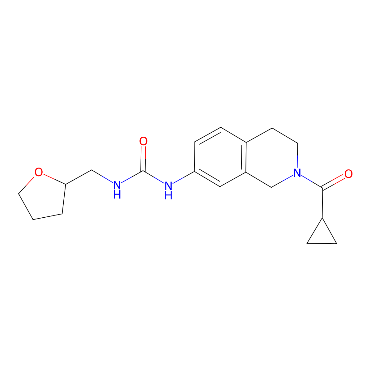 1-(2-(Cyclopropanecarbonyl)-1,2,3,4-tetrahydroisoquinolin-7-yl)-3-((tetrahydrofuran-2-yl)methyl)urea molecular structure, CAS 2034480-60-7
