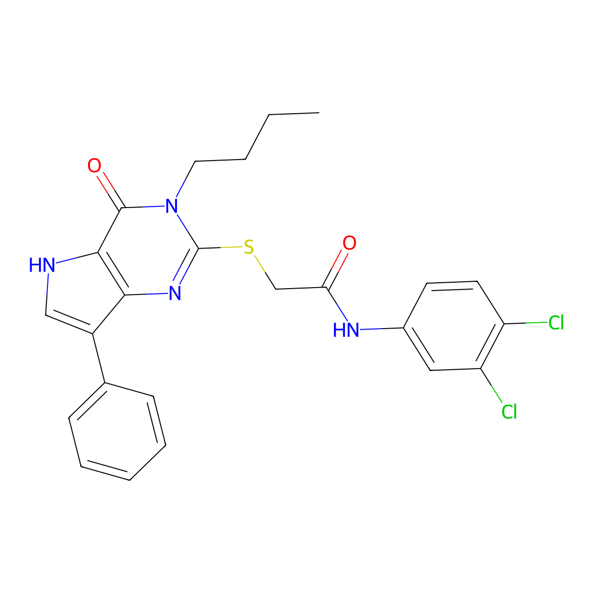 2-((3-butyl-4-oxo-7-phenyl-4,5-dihydro-3H-pyrrolo[3,2-d]pyrimidin-2-yl)thio)-N-(3,4-dichlorophenyl)acetamide molecular structure, CAS 2034480-61-8
