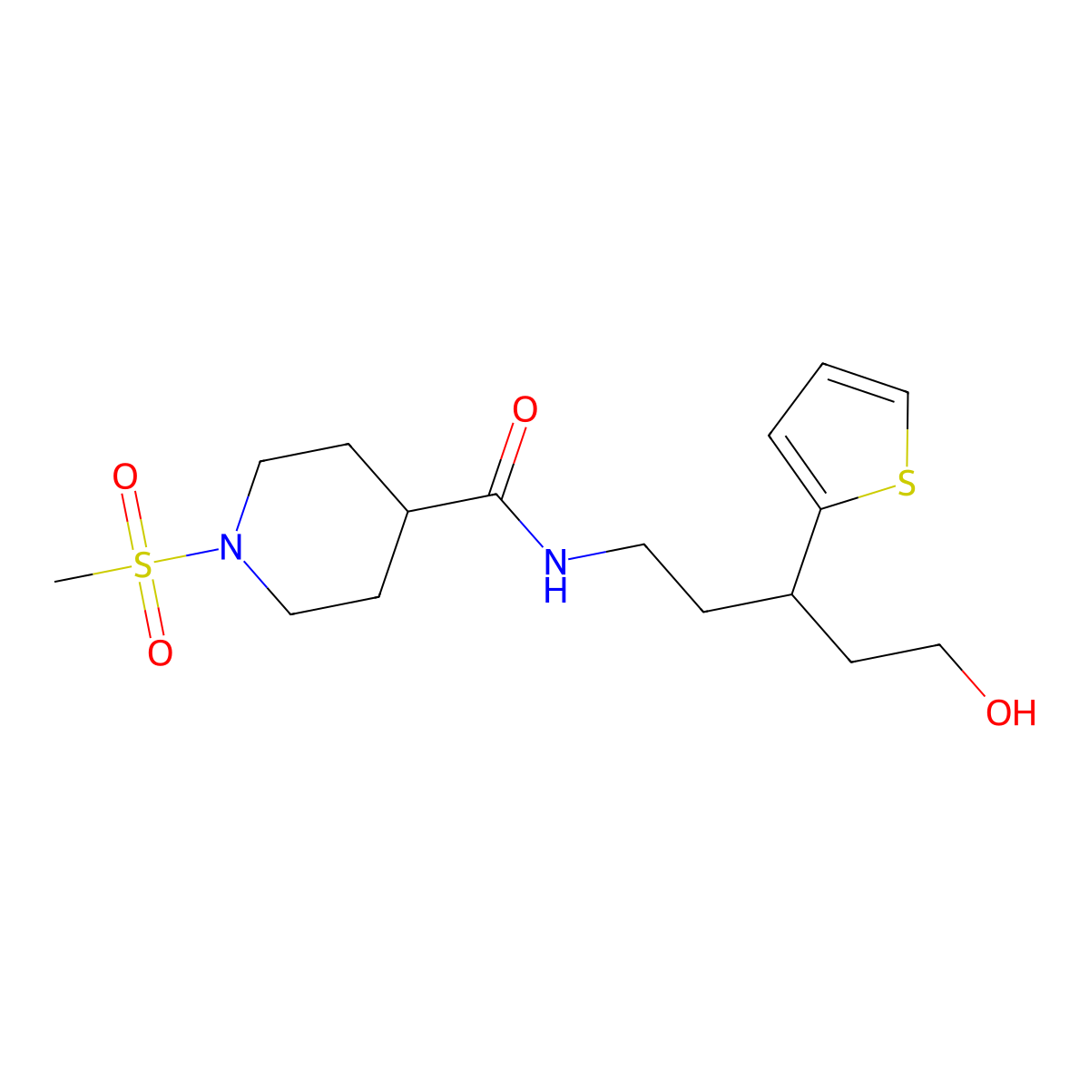 N-(5-hydroxy-3-(thiophen-2-yl)pentyl)-1-(methylsulfonyl)piperidine-4-carboxamide molecular structure, CAS 2034480-66-3