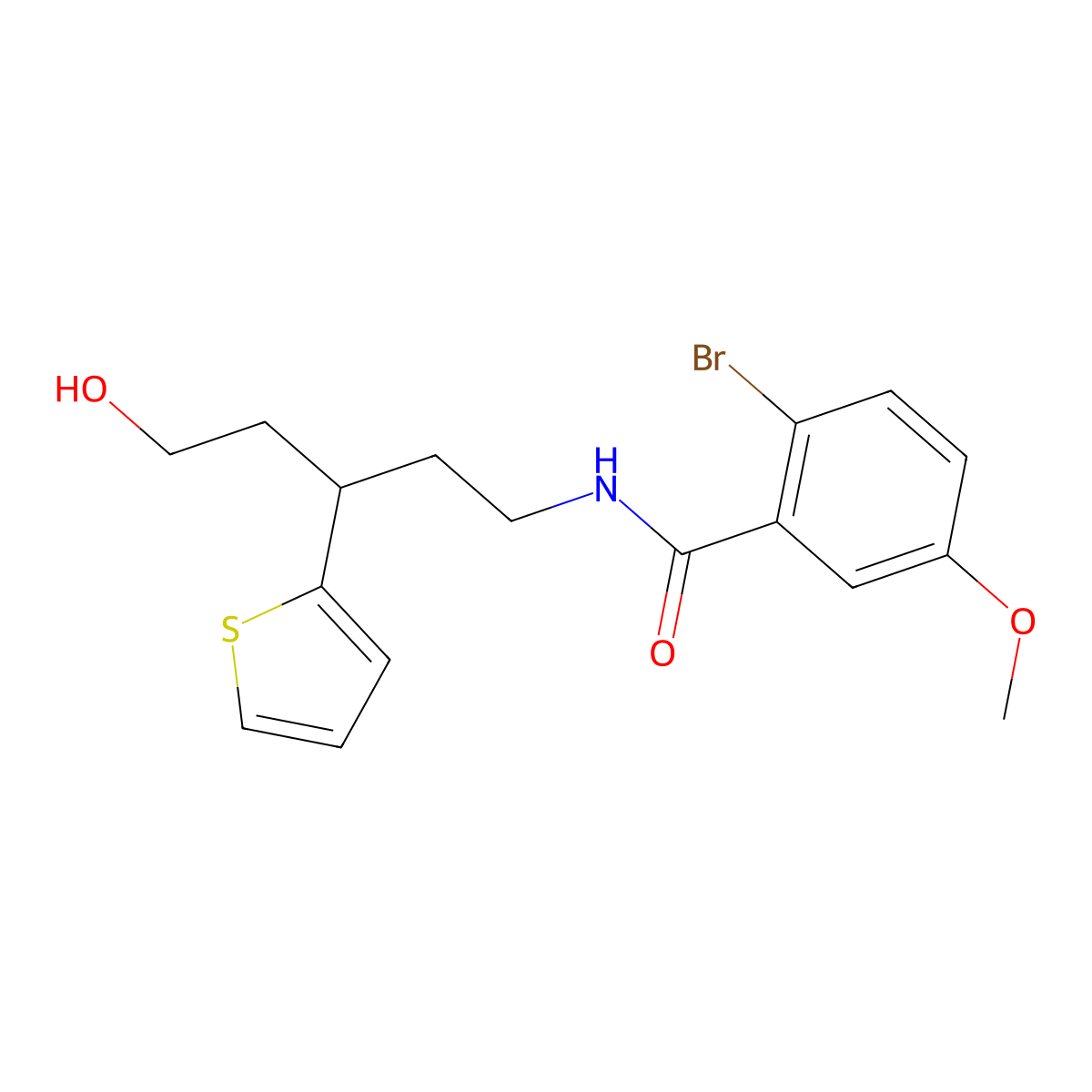 2-bromo-N-(5-hydroxy-3-(thiophen-2-yl)pentyl)-5-methoxybenzamide molecular structure, CAS 2034480-73-2