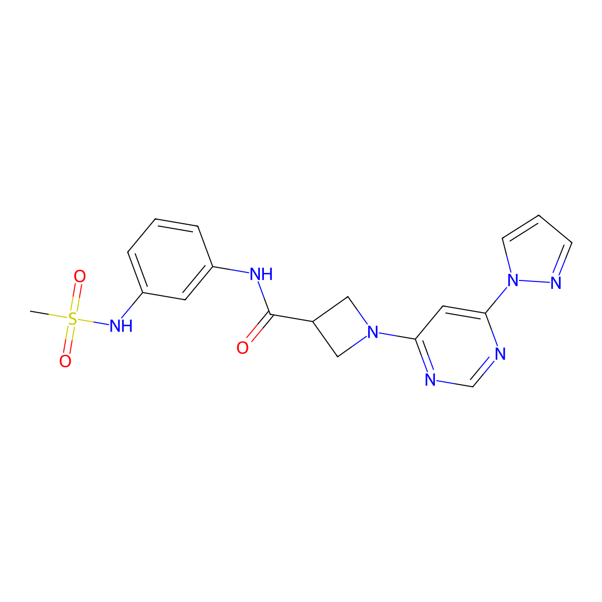 N-(3-methanesulfonamidophenyl)-1-[6-(1H-pyrazol-1-yl)pyrimidin-4-yl]azetidine-3-carboxamide molecular structure, CAS 2034480-85-6