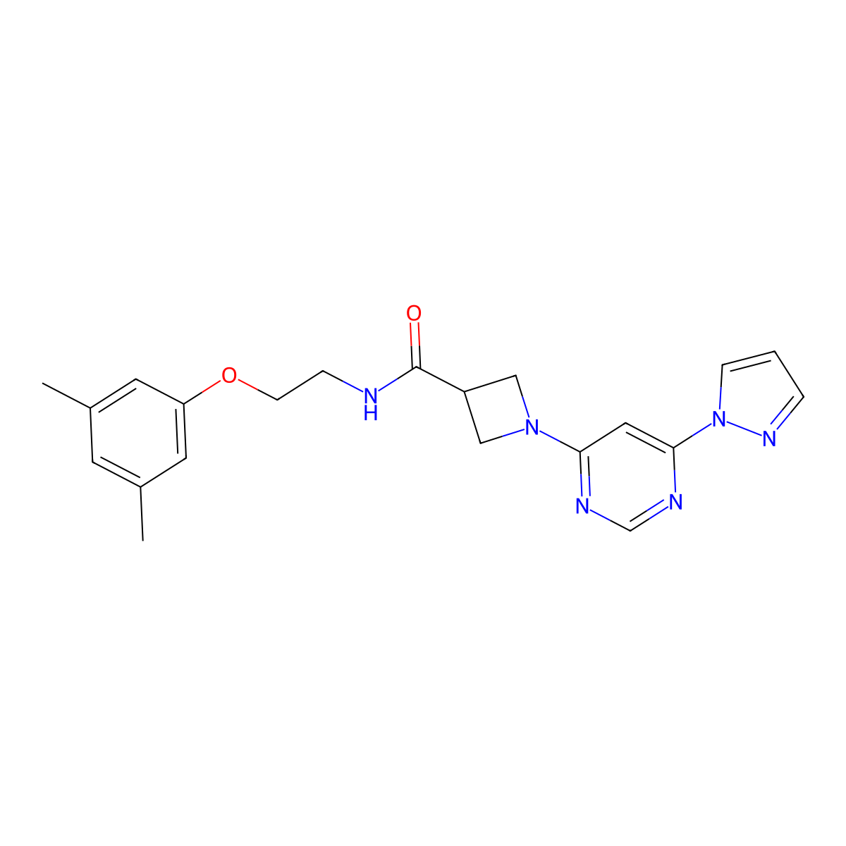 1-(6-(1H-pyrazol-1-yl)pyrimidin-4-yl)-N-(2-(3,5-dimethylphenoxy)ethyl)azetidine-3-carboxamide molecular structure, CAS 2034480-91-4