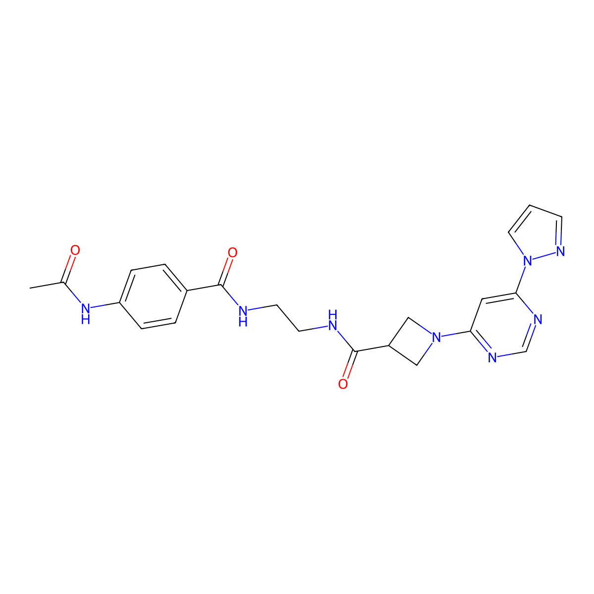 1-(6-(1H-pyrazol-1-yl)pyrimidin-4-yl)-N-(2-(4-acetamidobenzamido)ethyl)azetidine-3-carboxamide molecular structure, CAS 2034480-96-9