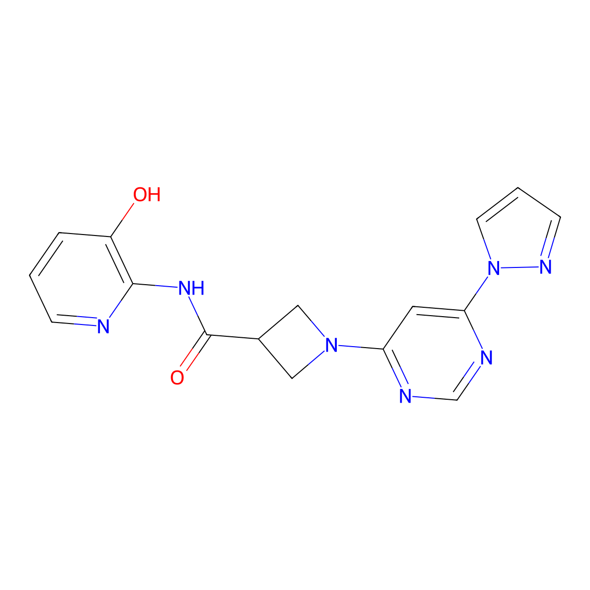 1-(6-(1H-pyrazol-1-yl)pyrimidin-4-yl)-N-(3-hydroxypyridin-2-yl)azetidine-3-carboxamide molecular structure, CAS 2034481-03-1