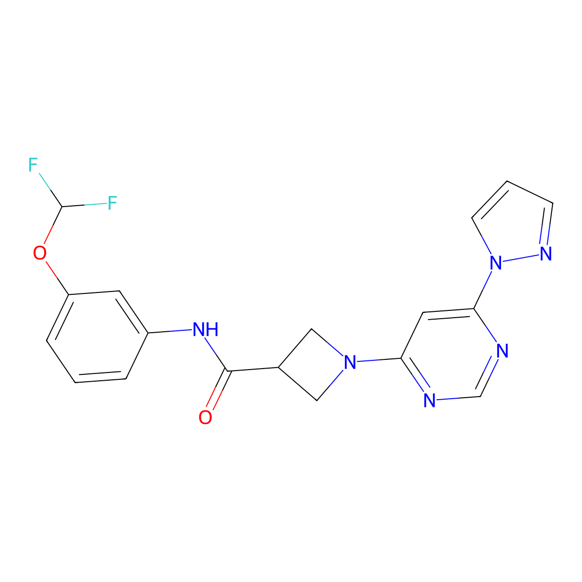 1-(6-(1H-pyrazol-1-yl)pyrimidin-4-yl)-N-(3-(difluoromethoxy)phenyl)azetidine-3-carboxamide molecular structure, CAS 2034481-07-5