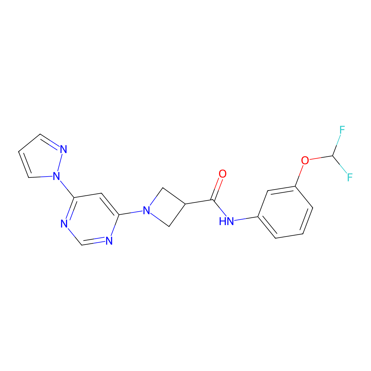 1-(6-(1H-pyrazol-1-yl)pyrimidin-4-yl)-N-(3-(difluoromethoxy)phenyl)azetidine-3-carboxamide molecular structure, CAS 2034481-07-5