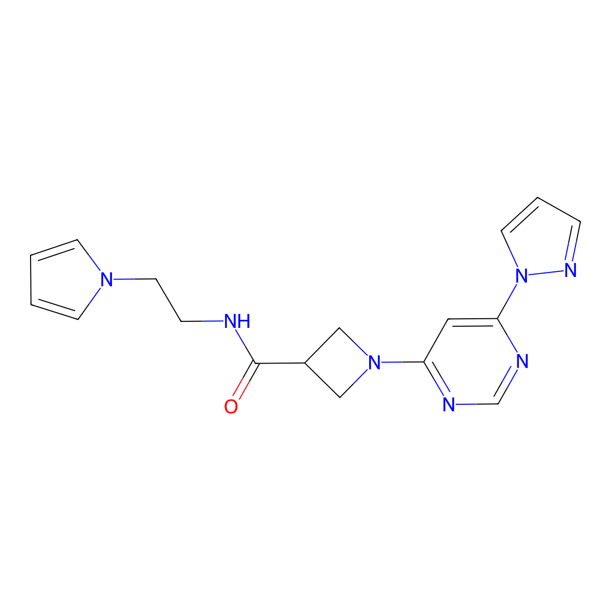 1-[6-(1H-pyrazol-1-yl)pyrimidin-4-yl]-N-[2-(1H-pyrrol-1-yl)ethyl]azetidine-3-carboxamide molecular structure, CAS 2034481-12-2