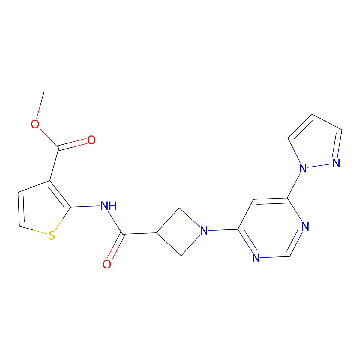 methyl 2-(1-(6-(1H-pyrazol-1-yl)pyrimidin-4-yl)azetidine-3-carboxamido)thiophene-3-carboxylate molecular structure, CAS 2034481-17-7