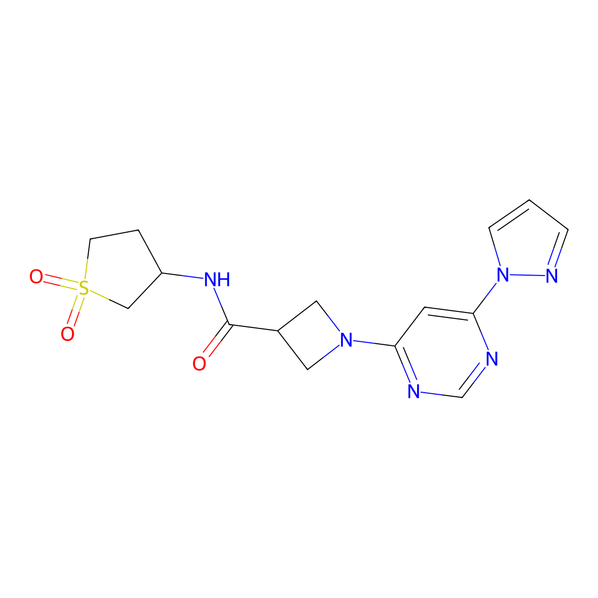 1-(6-(1H-pyrazol-1-yl)pyrimidin-4-yl)-N-(1,1-dioxidotetrahydrothiophen-3-yl)azetidine-3-carboxamide molecular structure, CAS 2034481-22-4