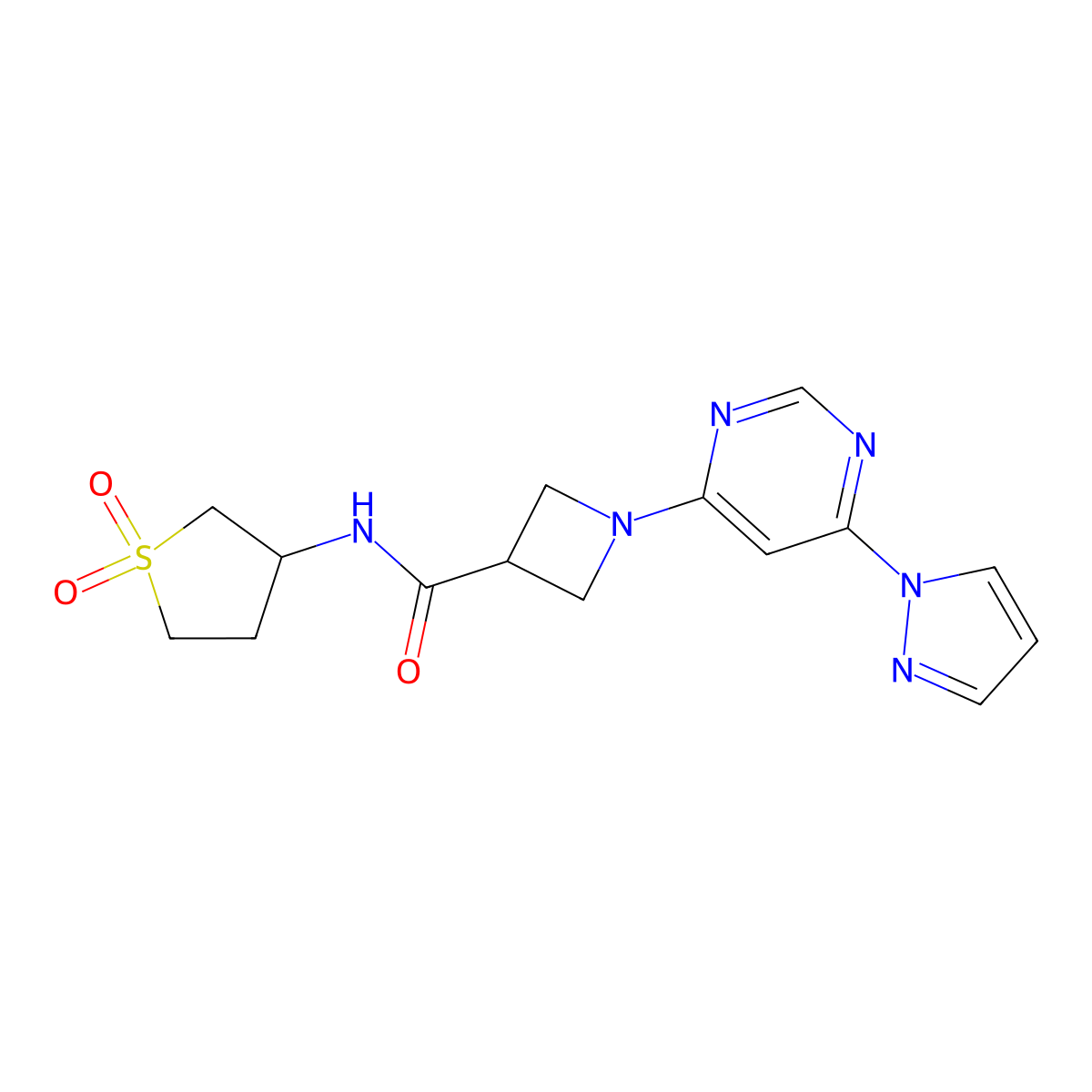 1-(6-(1H-pyrazol-1-yl)pyrimidin-4-yl)-N-(1,1-dioxidotetrahydrothiophen-3-yl)azetidine-3-carboxamide molecular structure, CAS 2034481-22-4