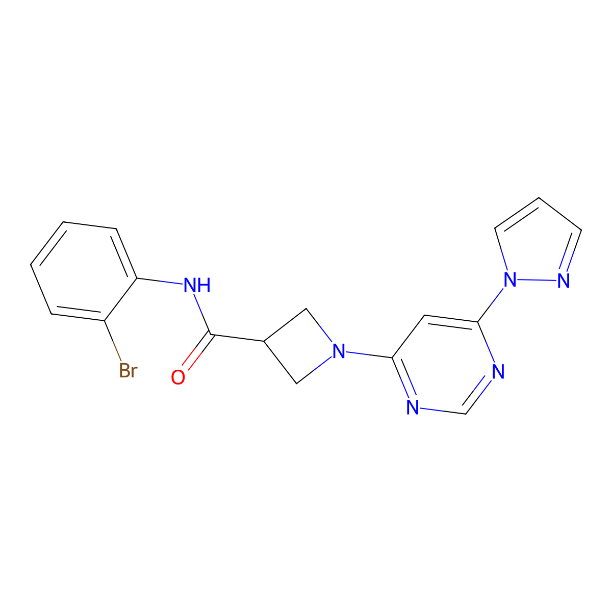 1-(6-(1H-pyrazol-1-yl)pyrimidin-4-yl)-N-(2-bromophenyl)azetidine-3-carboxamide molecular structure, CAS 2034481-29-1