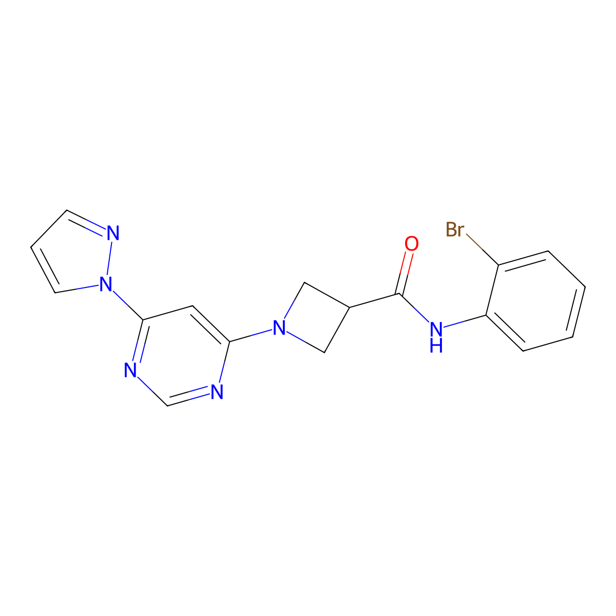 1-(6-(1H-pyrazol-1-yl)pyrimidin-4-yl)-N-(2-bromophenyl)azetidine-3-carboxamide molecular structure, CAS 2034481-29-1
