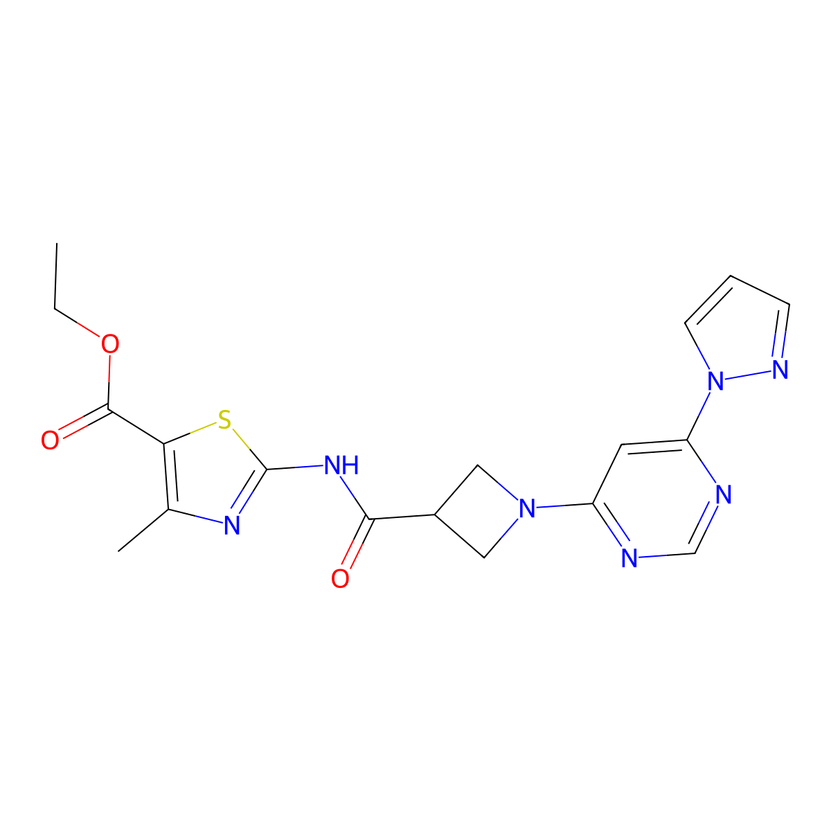 ethyl 2-(1-(6-(1H-pyrazol-1-yl)pyrimidin-4-yl)azetidine-3-carboxamido)-4-methylthiazole-5-carboxylate molecular structure, CAS 2034481-38-2