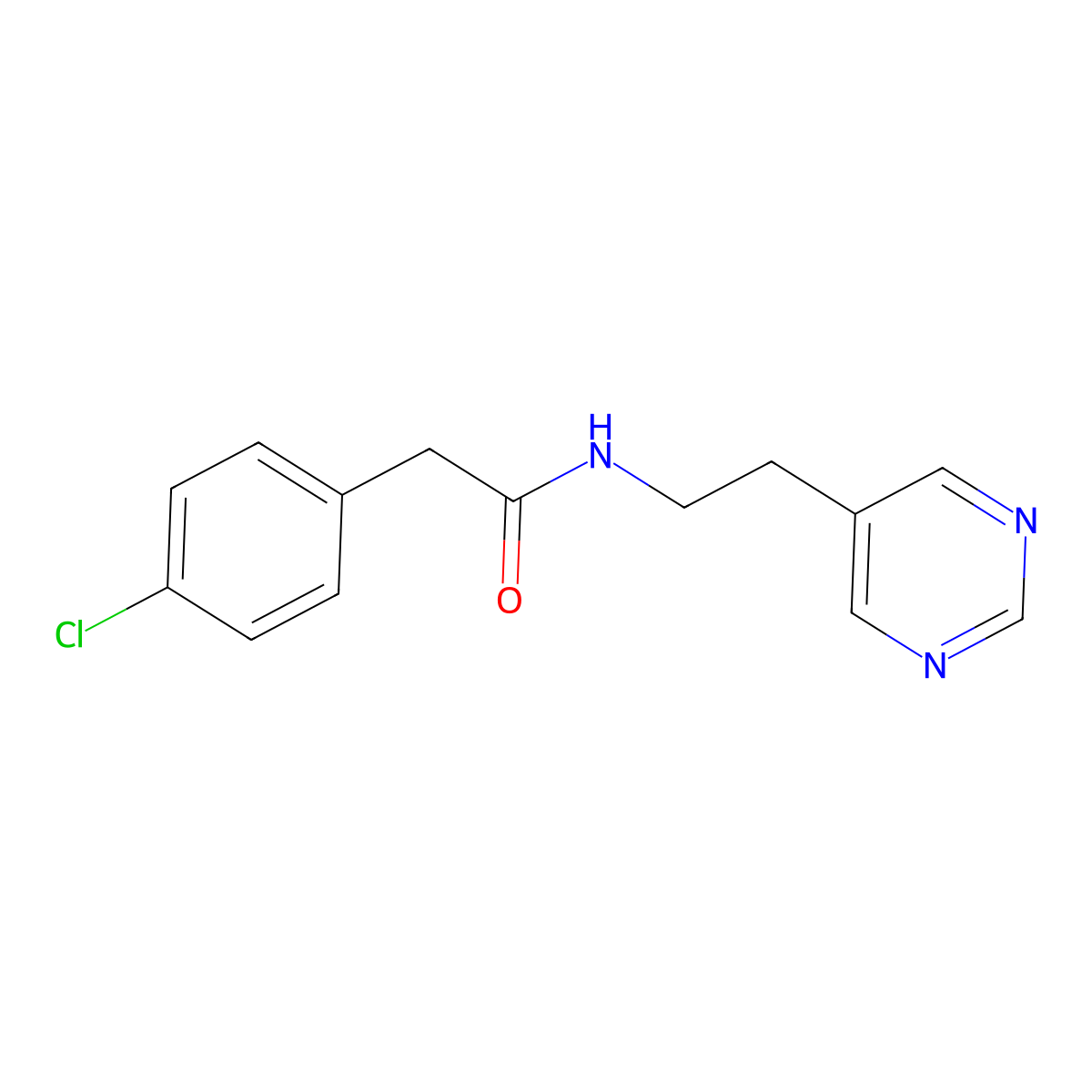 2-(4-chlorophenyl)-N-(2-(pyrimidin-5-yl)ethyl)acetamide molecular structure, CAS 2034481-46-2