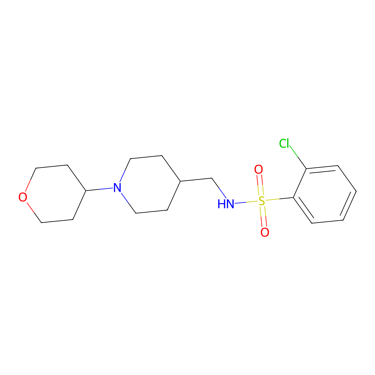 2-chloro-N-((1-(tetrahydro-2H-pyran-4-yl)piperidin-4-yl)methyl)benzenesulfonamide molecular structure, CAS 2034481-47-3