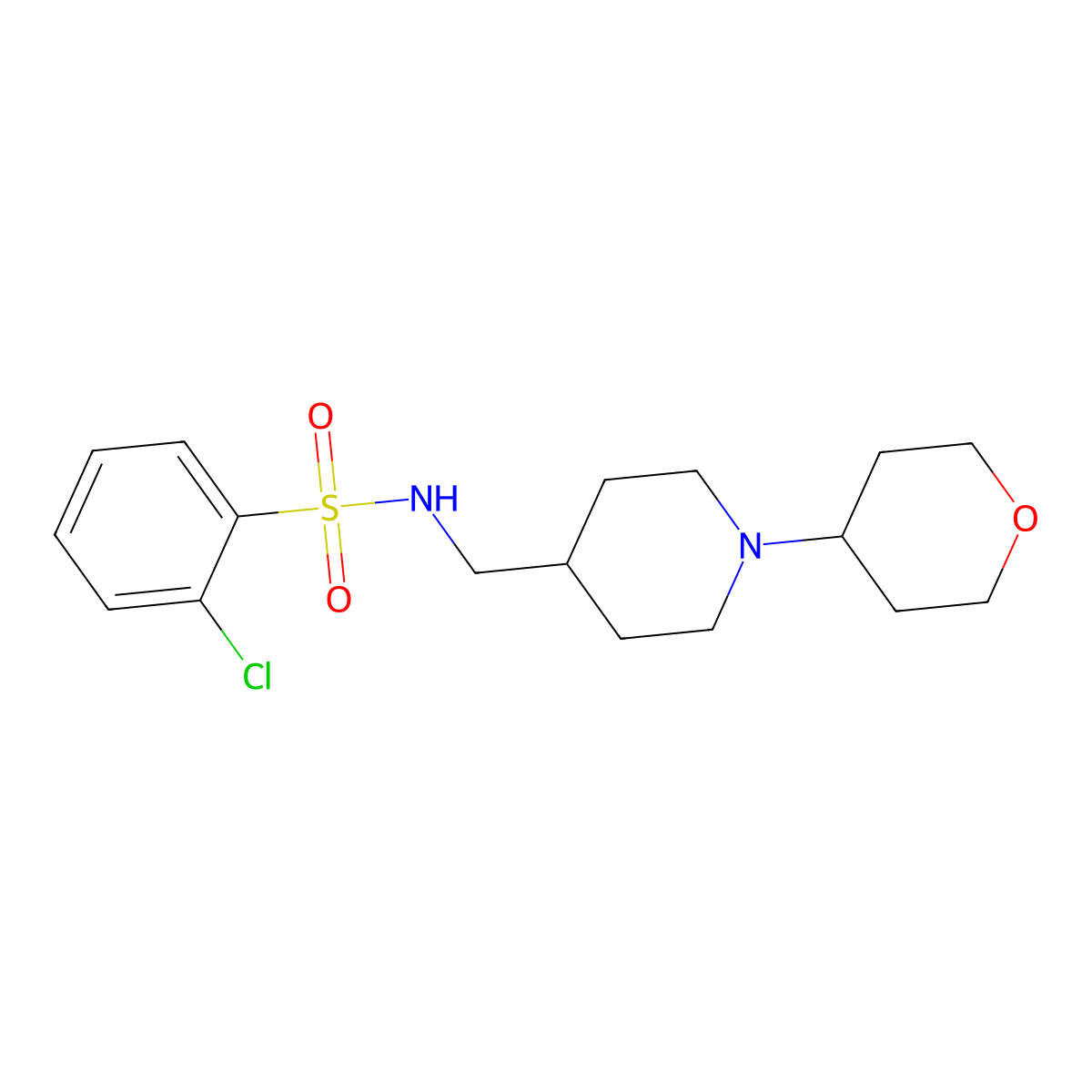 2-chloro-N-((1-(tetrahydro-2H-pyran-4-yl)piperidin-4-yl)methyl)benzenesulfonamide molecular structure, CAS 2034481-47-3