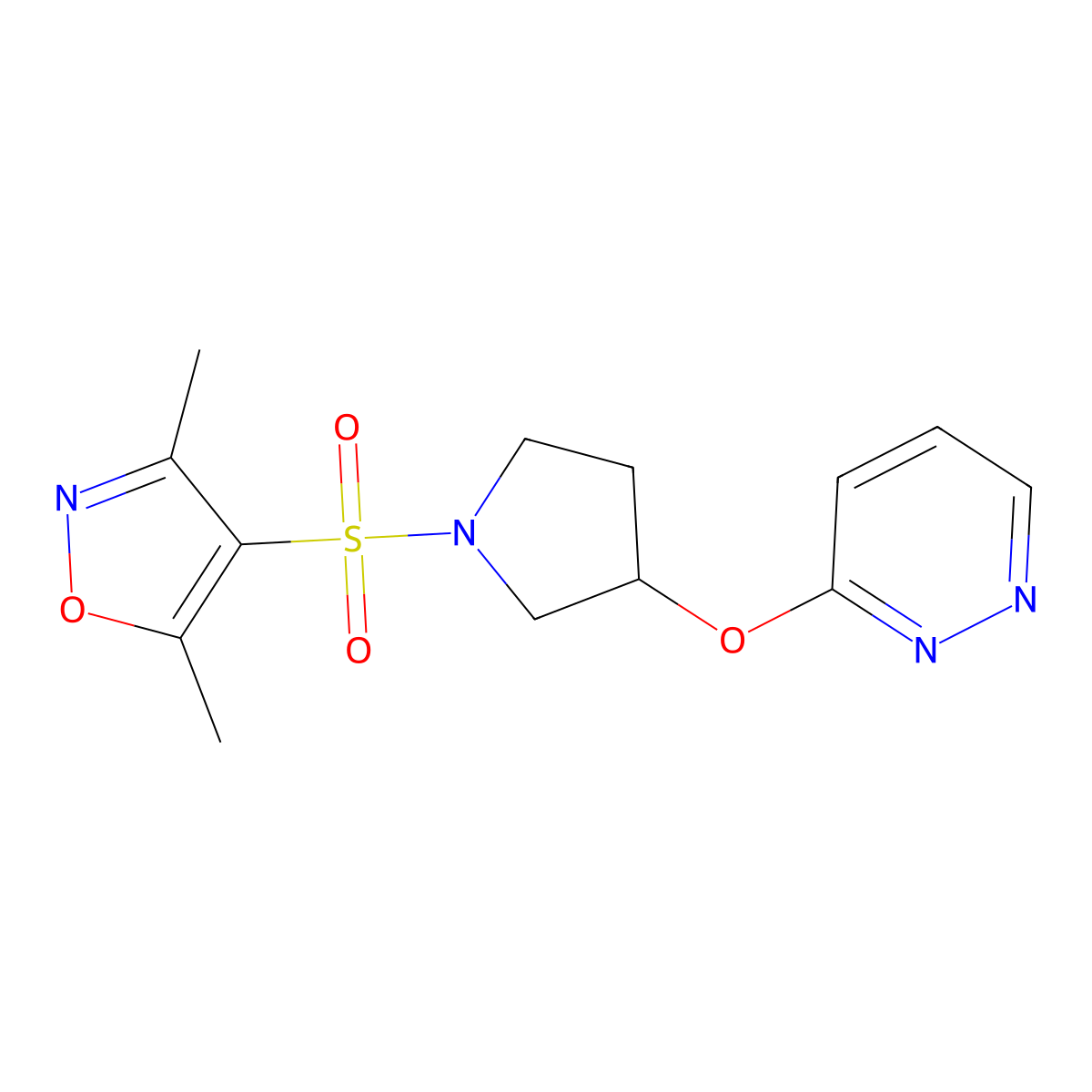 3,5-Dimethyl-4-((3-(pyridazin-3-yloxy)pyrrolidin-1-yl)sulfonyl)isoxazole molecular structure, CAS 2034481-57-5