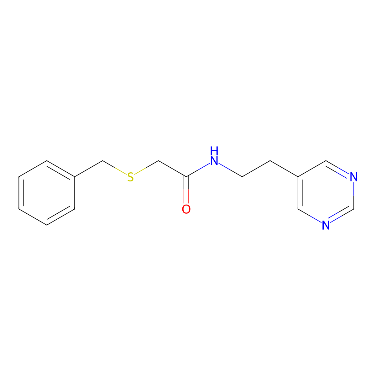 2-(benzylthio)-N-(2-(pyrimidin-5-yl)ethyl)acetamide molecular structure, CAS 2034481-69-9