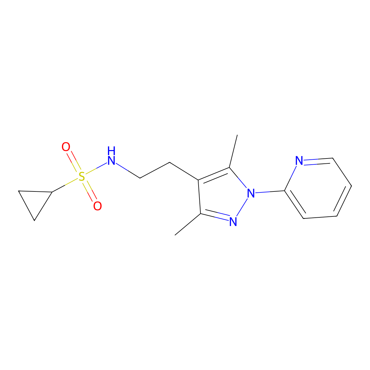 N-(2-(3,5-dimethyl-1-(pyridin-2-yl)-1H-pyrazol-4-yl)ethyl)cyclopropanesulfonamide molecular structure, CAS 2034481-77-9