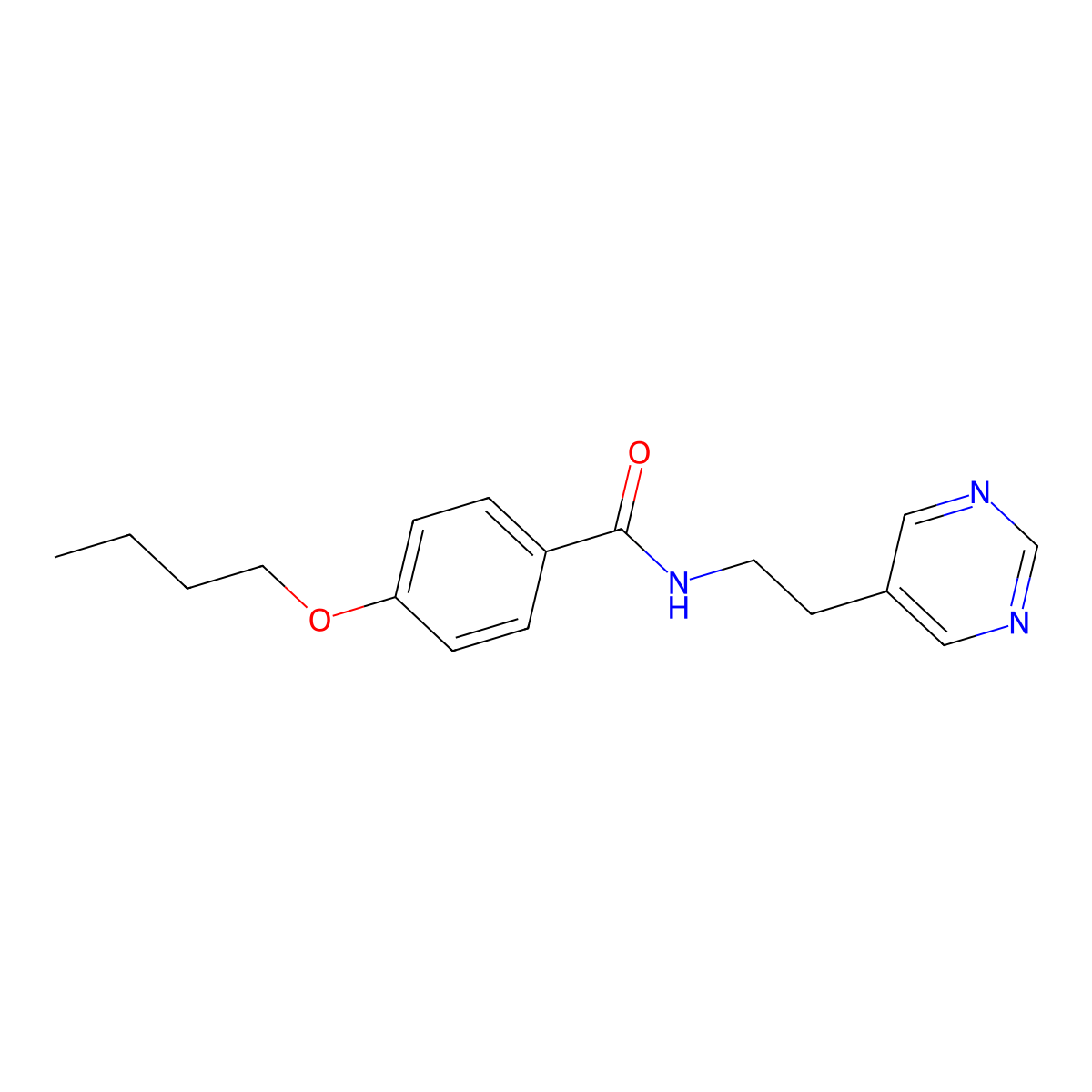 4-butoxy-N-(2-(pyrimidin-5-yl)ethyl)benzamide molecular structure, CAS 2034481-87-1