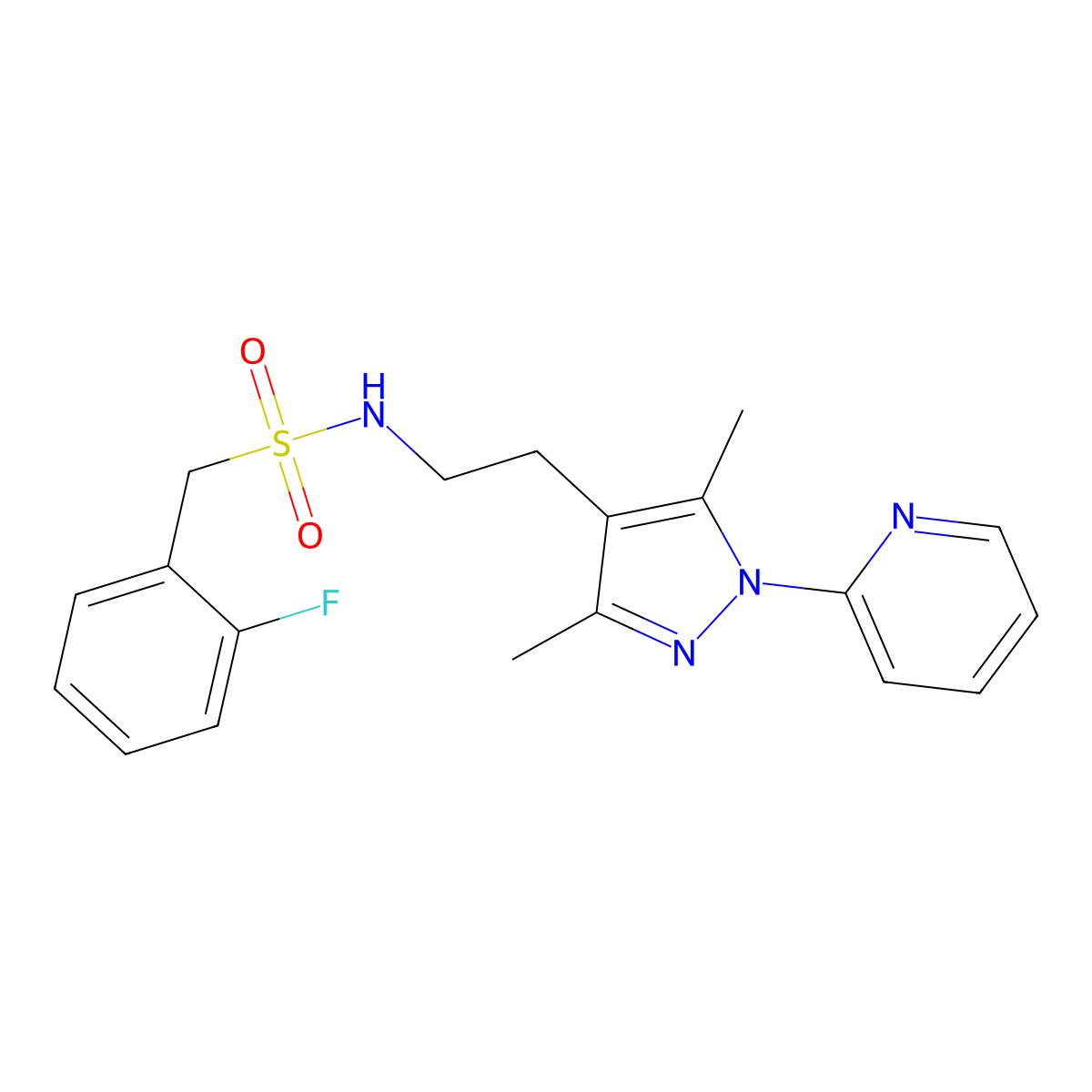 N-{2-[3,5-dimethyl-1-(pyridin-2-yl)-1H-pyrazol-4-yl]ethyl}-1-(2-fluorophenyl)methanesulfonamide molecular structure, CAS 2034481-88-2
