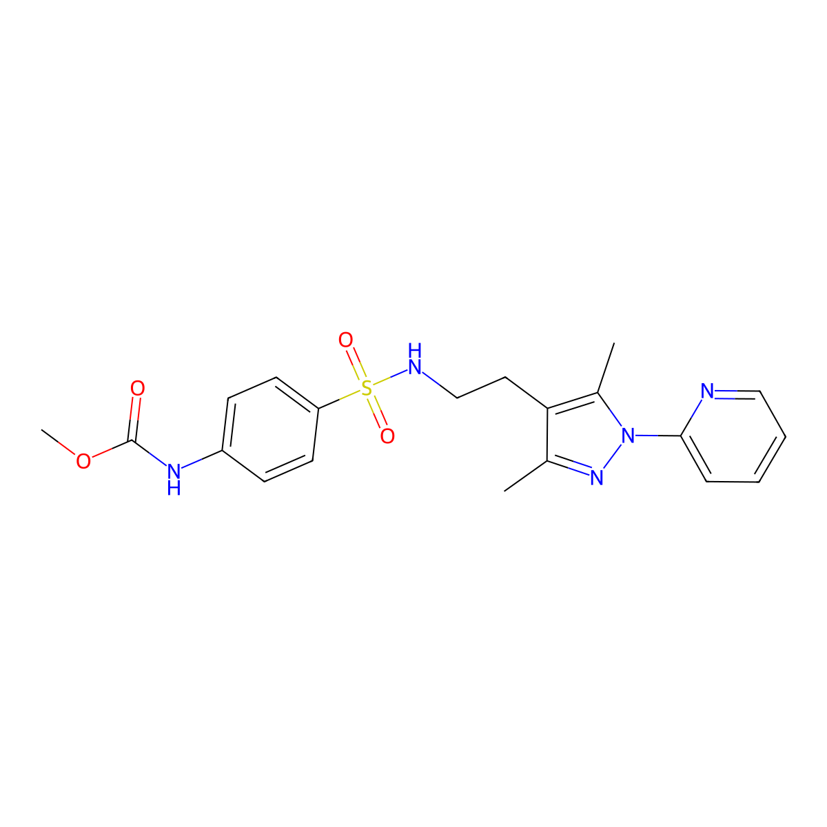 methyl (4-(N-(2-(3,5-dimethyl-1-(pyridin-2-yl)-1H-pyrazol-4-yl)ethyl)sulfamoyl)phenyl)carbamate molecular structure, CAS 2034481-90-6