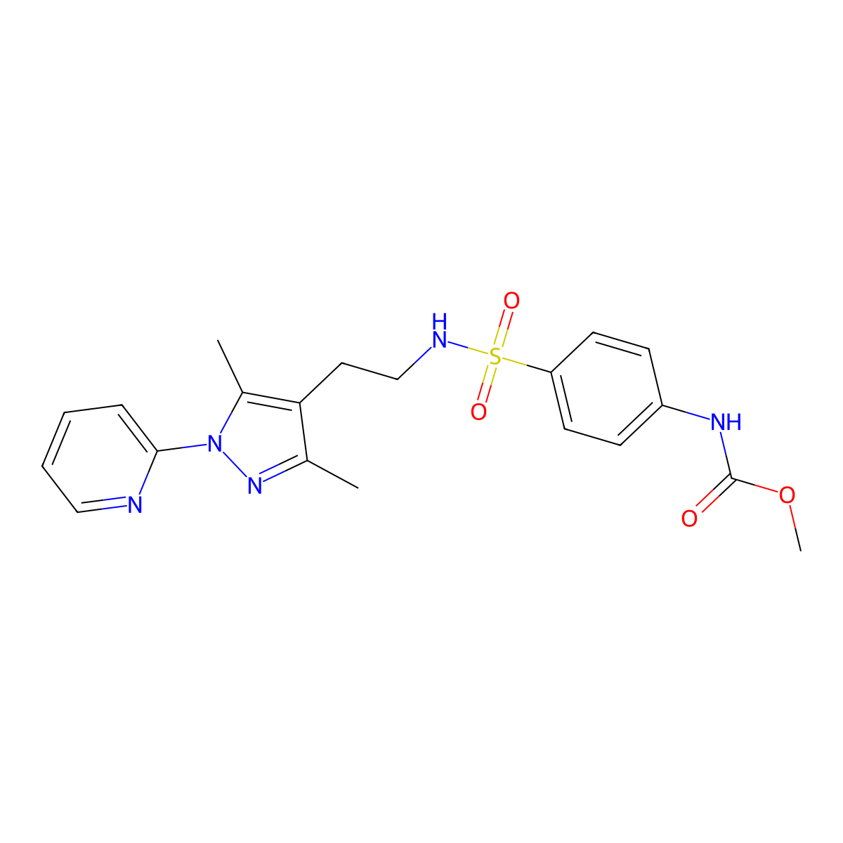 methyl (4-(N-(2-(3,5-dimethyl-1-(pyridin-2-yl)-1H-pyrazol-4-yl)ethyl)sulfamoyl)phenyl)carbamate molecular structure, CAS 2034481-90-6